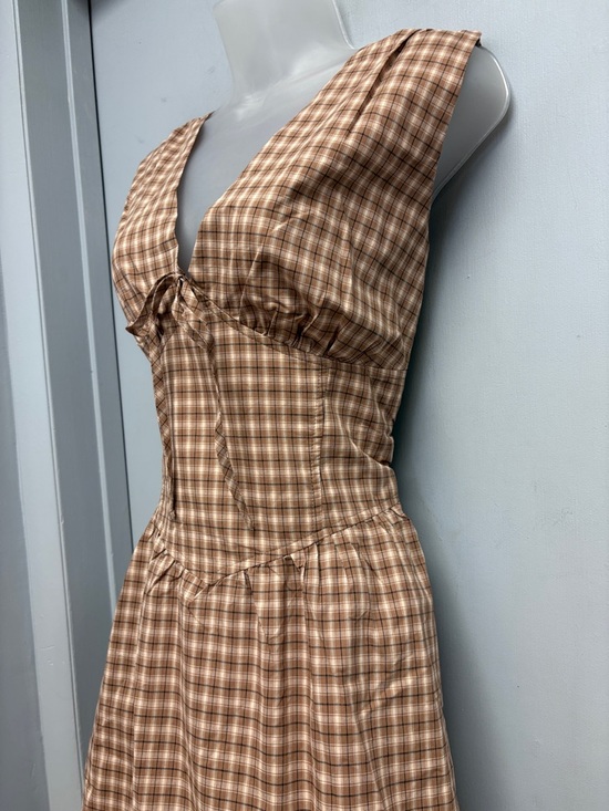 Pink Lily Brown Plaid Cotton Mini Dress Tie Front Cottagecore XL - Picture 3 of 11